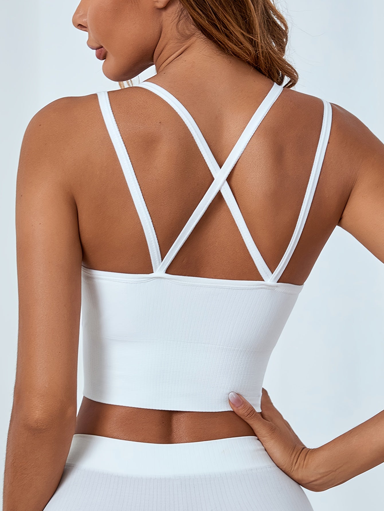 1pc, Women's Sports Bra with Thin Straps, Seamless, Shockproof, Running, Yoga Tank Top, Anti-Sagging, Cross-Back Fitness Crop Top, White.