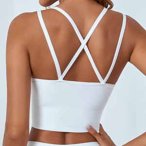 1pc, Women's Sports Bra with Thin Straps, Seamless, Shockproof, Running, Yoga Tank Top, Anti-Sagging, Cross-Back Fitness Crop Top, White.