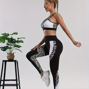 Women's 2-Piece Sportswear Set, Leopard Print and Black, High-Waisted Leggings and Sports Bra, Quick-Dry Athletic Wear for Gym and Yoga.