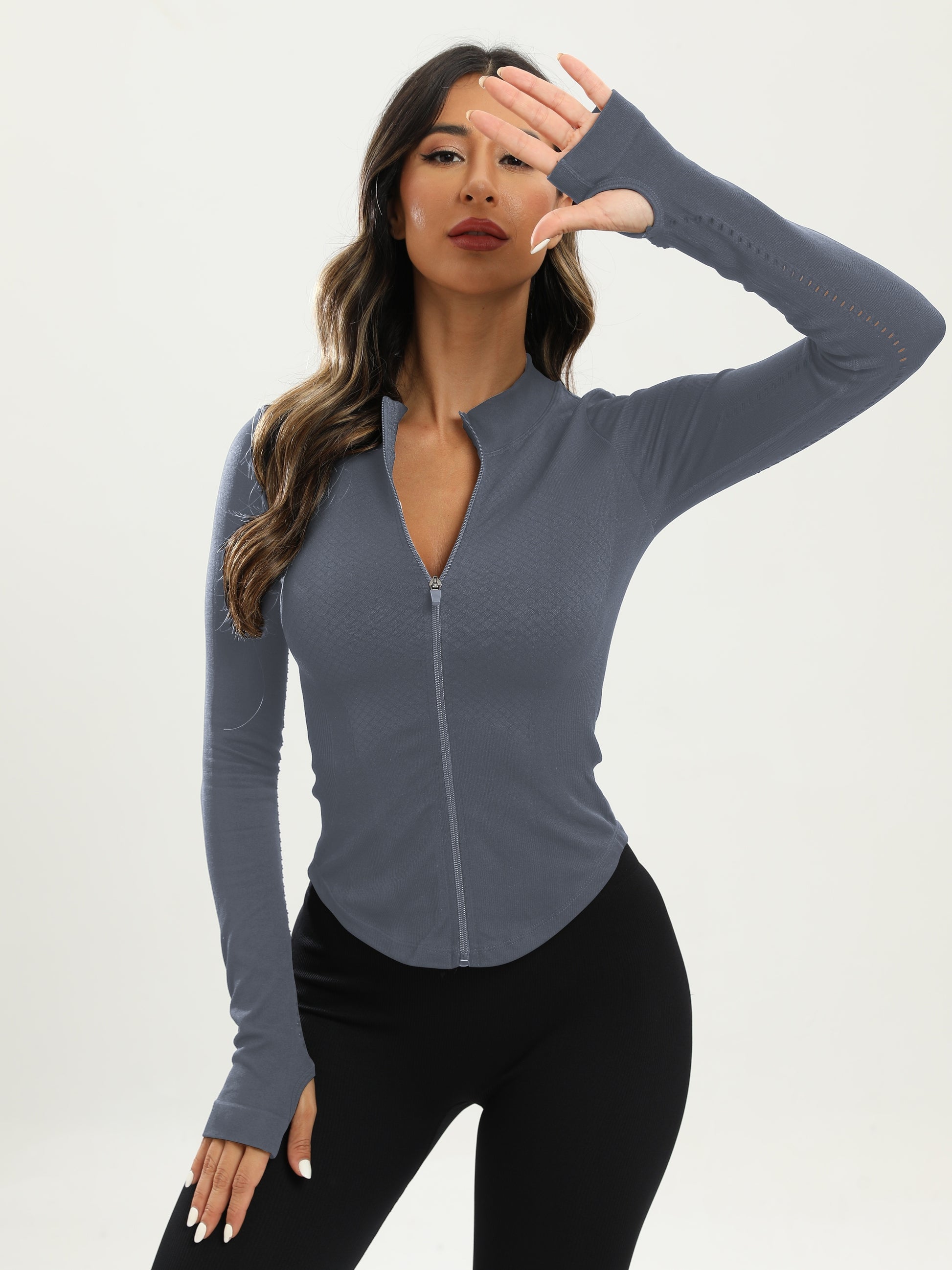 Women's Black Full-Zip Yoga Jacket - Slim Fit, Long Sleeve, Breathable and Moisture-Wicking Activewear.