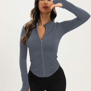 Women's Black Full-Zip Yoga Jacket - Slim Fit, Long Sleeve, Breathable and Moisture-Wicking Activewear.