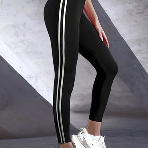 Women's High-waist Slimming Leggings, Side Stripe Pattern, Breathable Yoga Pants, Sportswear, Athletic Apparel.