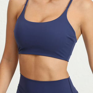 Women's Yoga Sports Bra, Cross-Back Strappy Design, Fitness Running Pilates Top, Athletic Gym Wear, Breathable Moisture-Wicking Fabric.