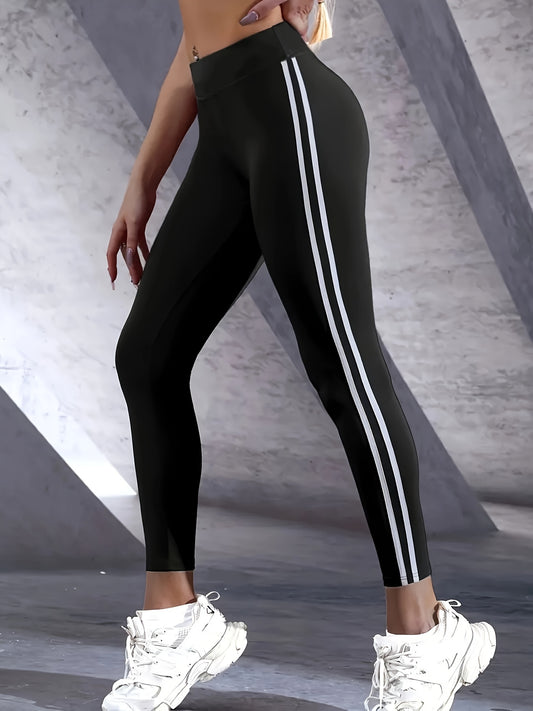 Women's High-waist Slimming Leggings, Side Stripe Pattern, Breathable Yoga Pants, Sportswear, Athletic Apparel.