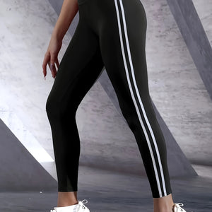 Women's High-waist Slimming Leggings, Side Stripe Pattern, Breathable Yoga Pants, Sportswear, Athletic Apparel.