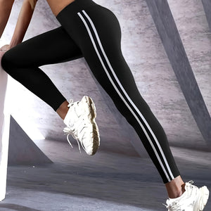 Women's High-waist Slimming Leggings, Side Stripe Pattern, Breathable Yoga Pants, Sportswear, Athletic Apparel.